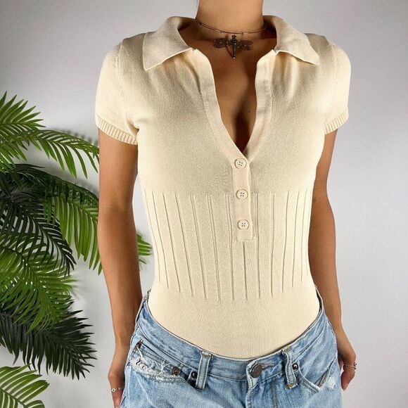 Princess Polly Cream Ribbed Knit Short Sleeve Collared Button Down Bodysuit / XS - Picture 3 of 8